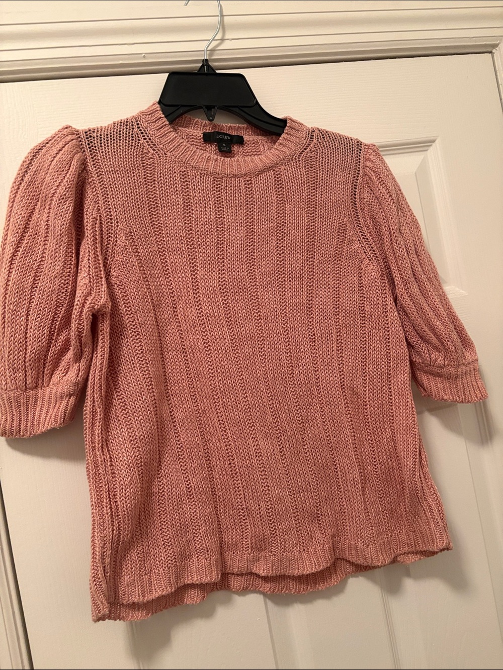 J Crew Linen Rose Pink Puff-Sleeve Crewneck Sweater